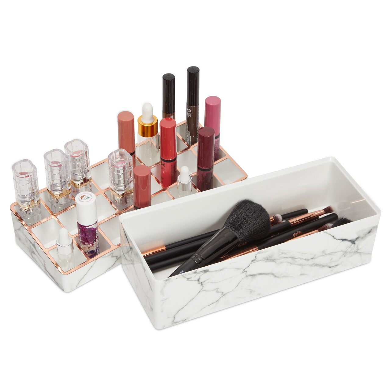 2-Tier Marble Makeup Organizer with Rose Gold Trim, Lipstick Display Case, Brushes & Vanity Storage (9.15 x 4.5 x 3.75 in)